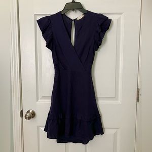 Altar'd State Faux Wrap Flutter Sleeve Ruffle Navy Linen Blend Dress